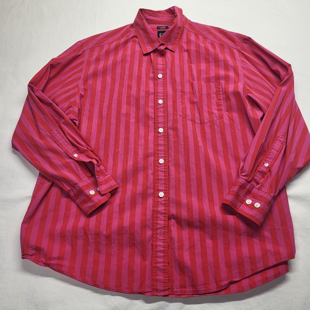 Womens Gap Big Shirt 100% Cotton Pink Red Stripe MED Oversized Roomy Button Down